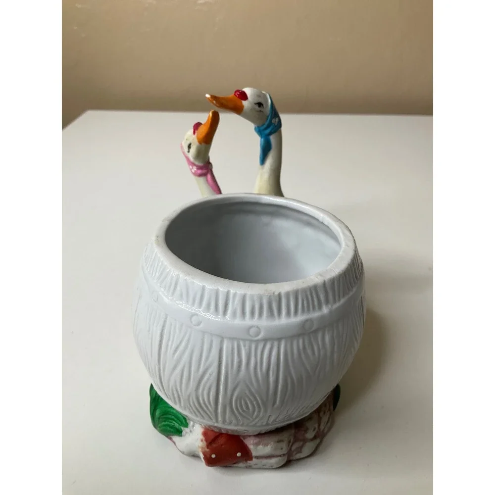 Vintage Ceramic Mother Goose Planter 2 Geese Mushrooms Decor Cottagecore Country
